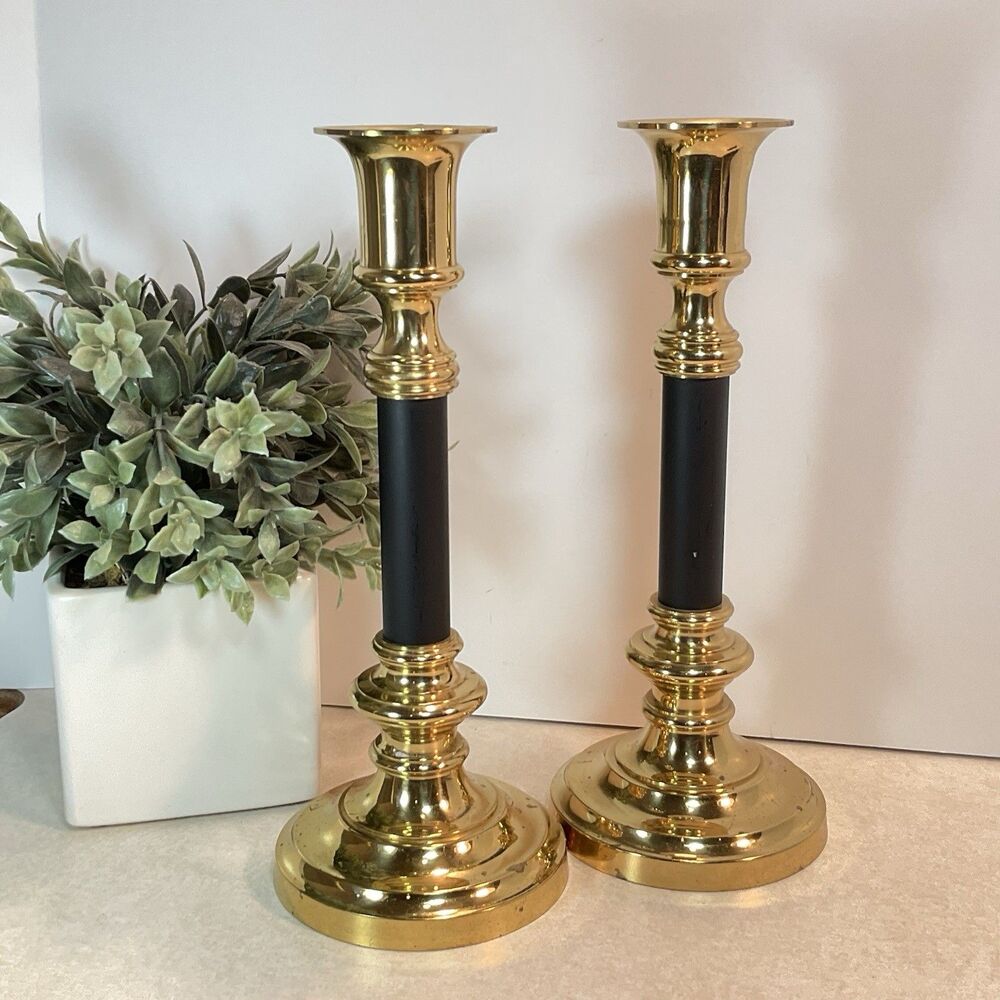 Vintage MCM 1970s Solid Brass Matte Black Pillar Candlestick Holder 11” Tall